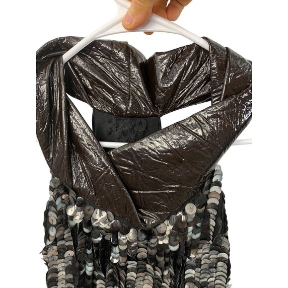 NWT Black Sequin Halter Dress Faux Leather Twist Neck By Poleci Size 0 Silk USA - Picture 2 of 12